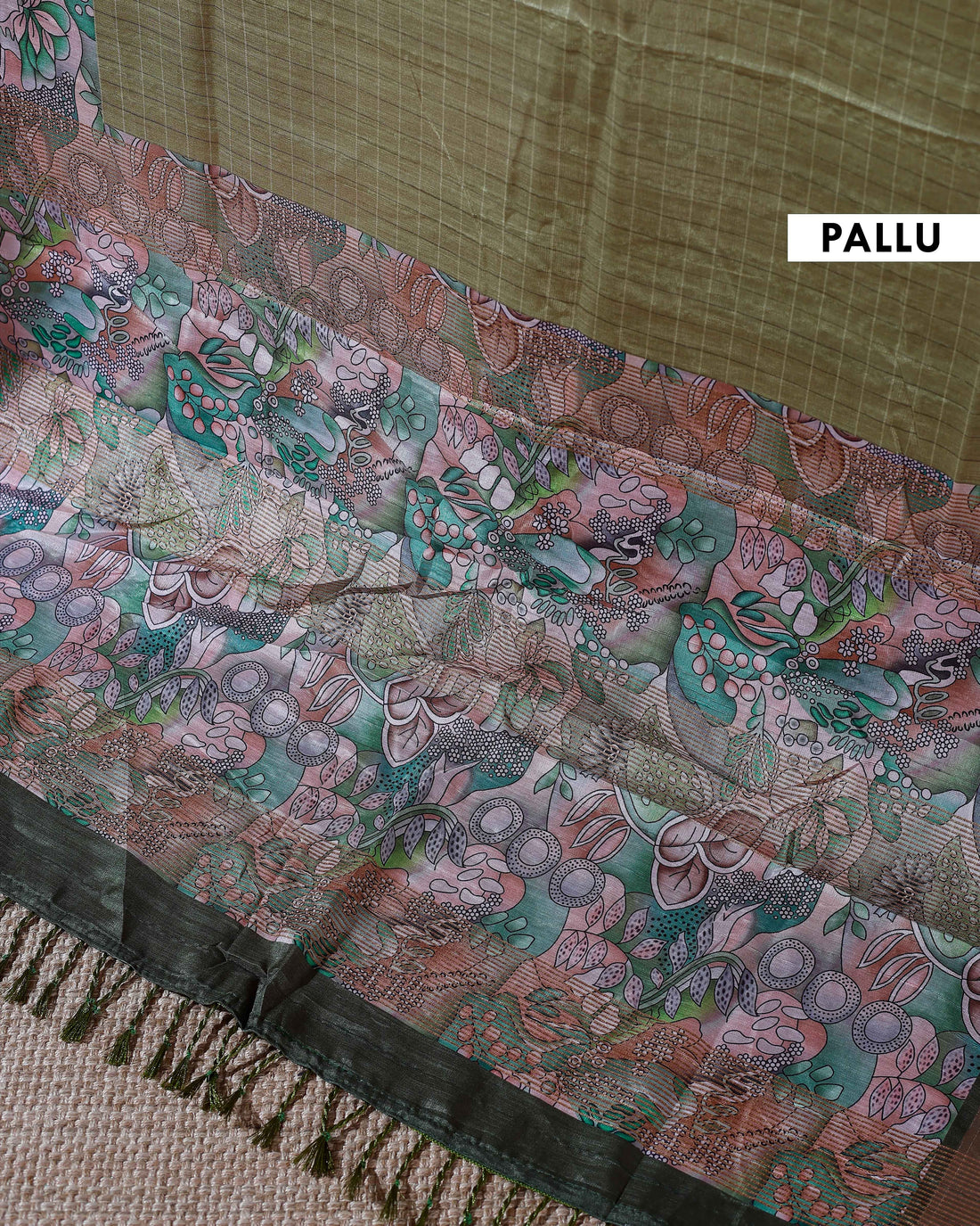 Elegant Semi Cotton Saree with Subtle Checkered Weave and Artistic Floral Patterned Border - Green