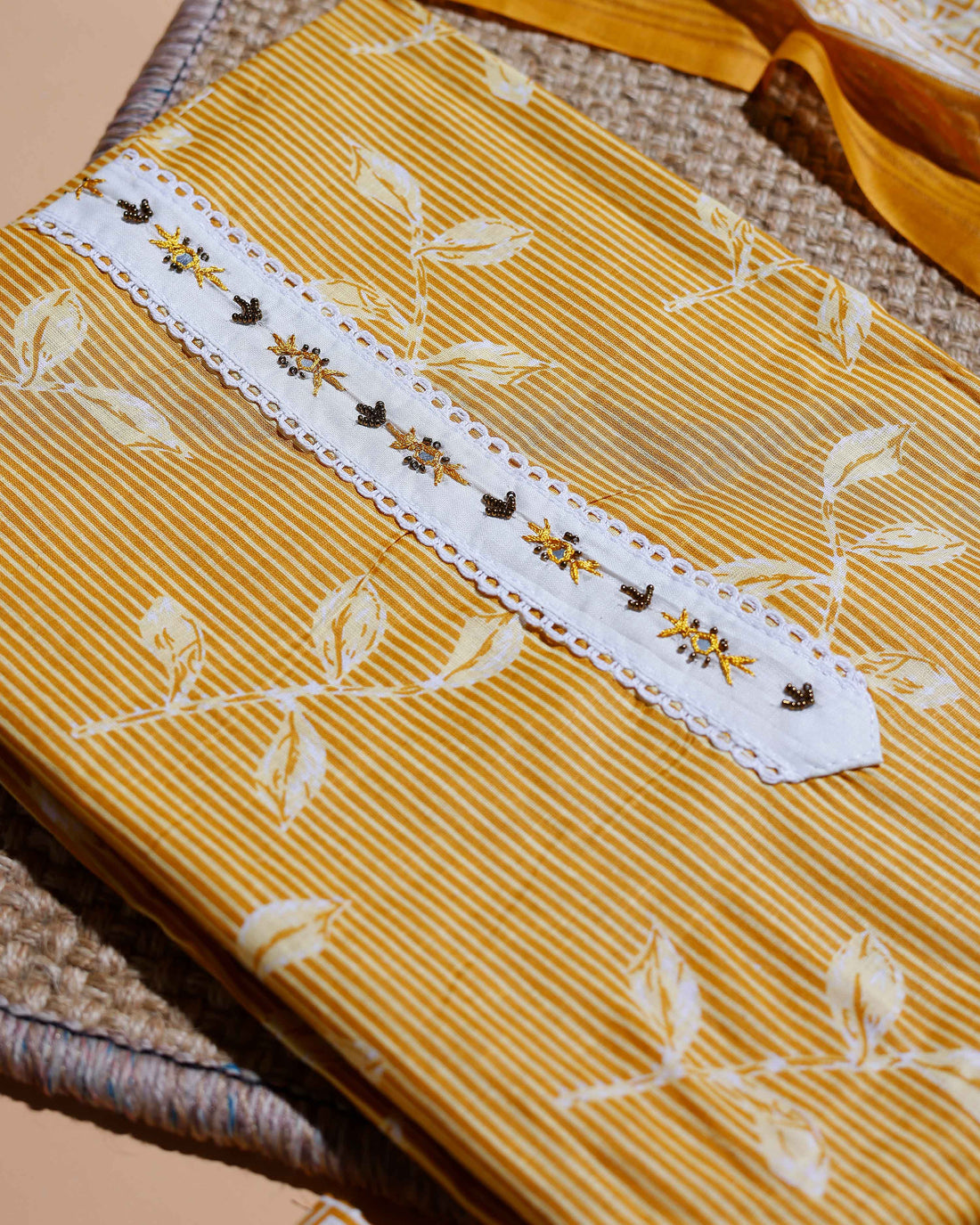 Women's Salwar Material with Floral and Geometric Prints and Embroidered Neckline - Yellow