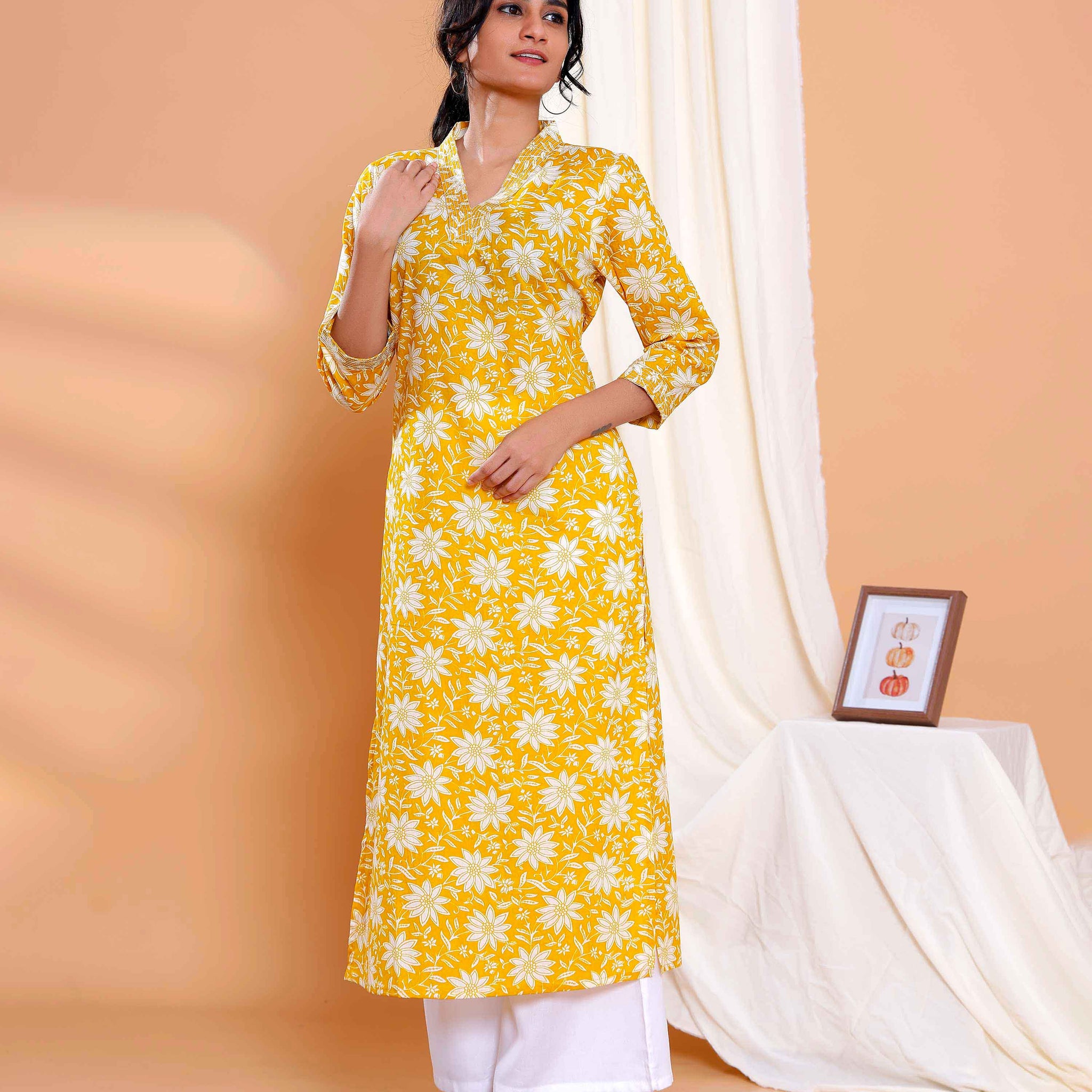 Floral Printed Straight Kurta with V-Neck and 3/4th Sleeves - Mustard Yellow