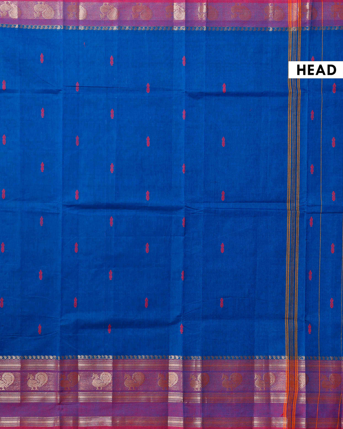 Handloom Chettinad Cotton Saree with Butta Weaves, Zari Peacock Motif Border and Contrast Pallu - Blue