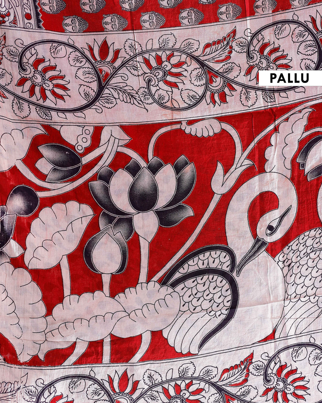 Traditional Handloom Kalamkari Cotton Saree with Intricate Floral and Avian Motifs - Red