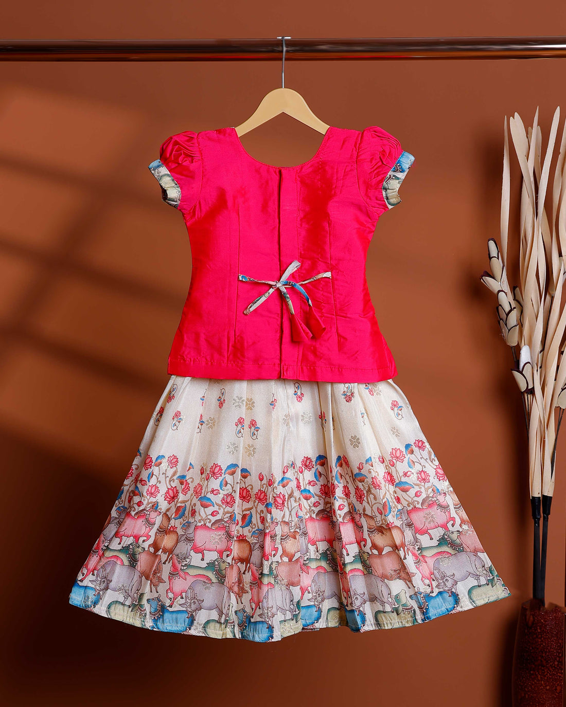 Kids Readymade Pattu Pavadai Set with Embellished Neck Puff Sleeve Blouse and Printed Silk Skirt - Pink