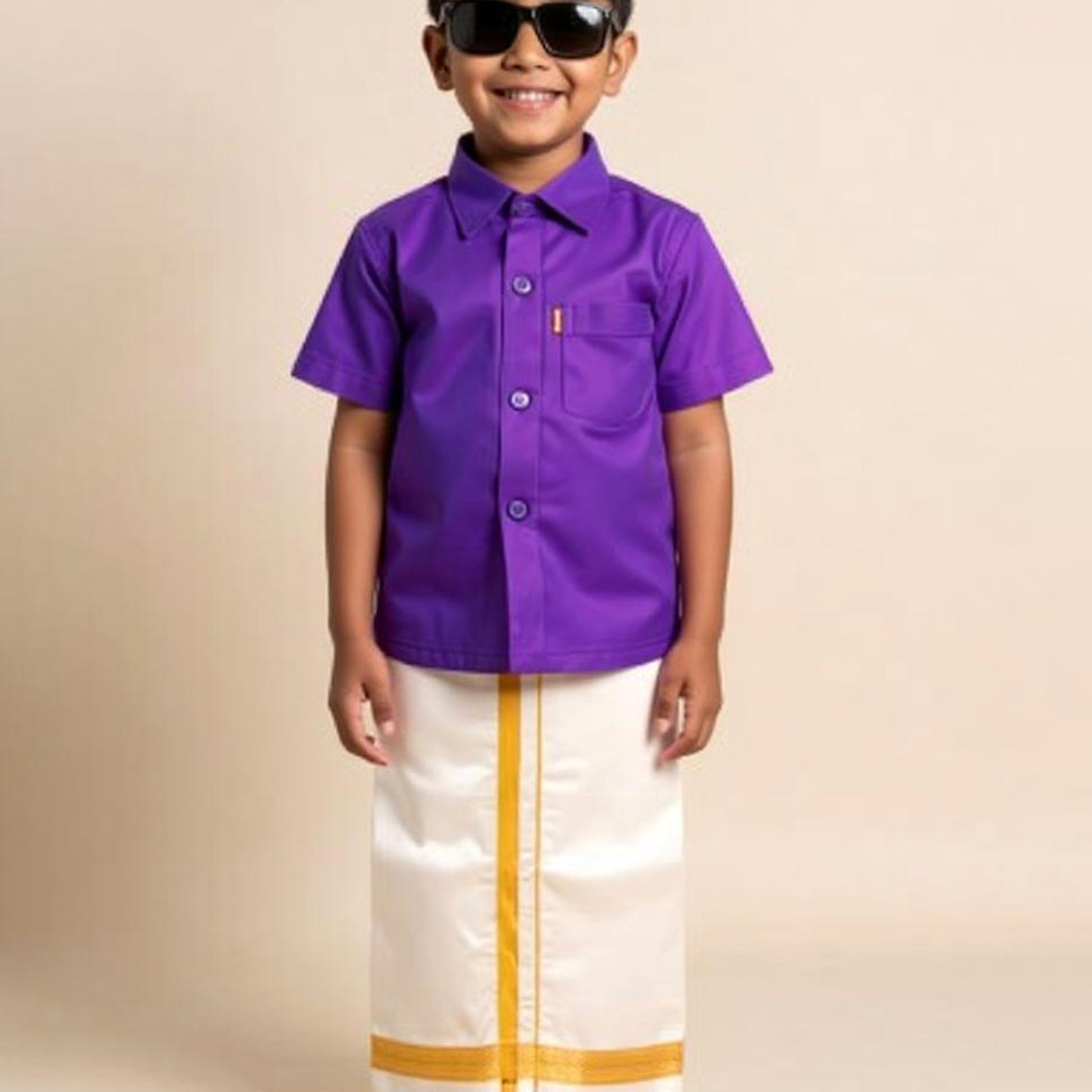 Traditional Kids Shirt and Dhoti Set - Violet