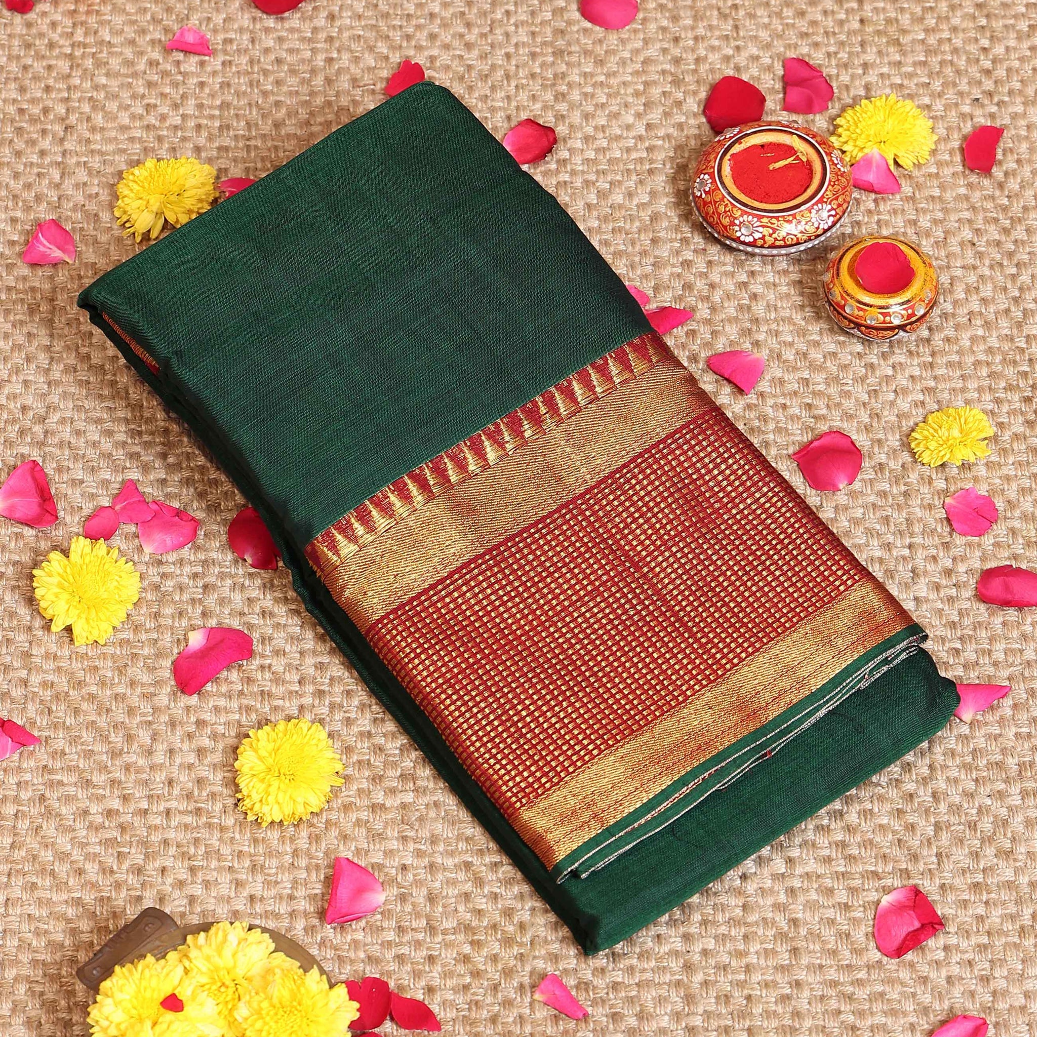Traditional Handloom Narayanpet Cotton Saree with Contrast Zari Woven Temple Border  - Dark Green