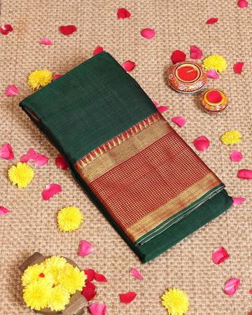 Traditional Handloom Narayanpet Cotton Saree with Contrast Zari Woven Temple Border  - Dark Green