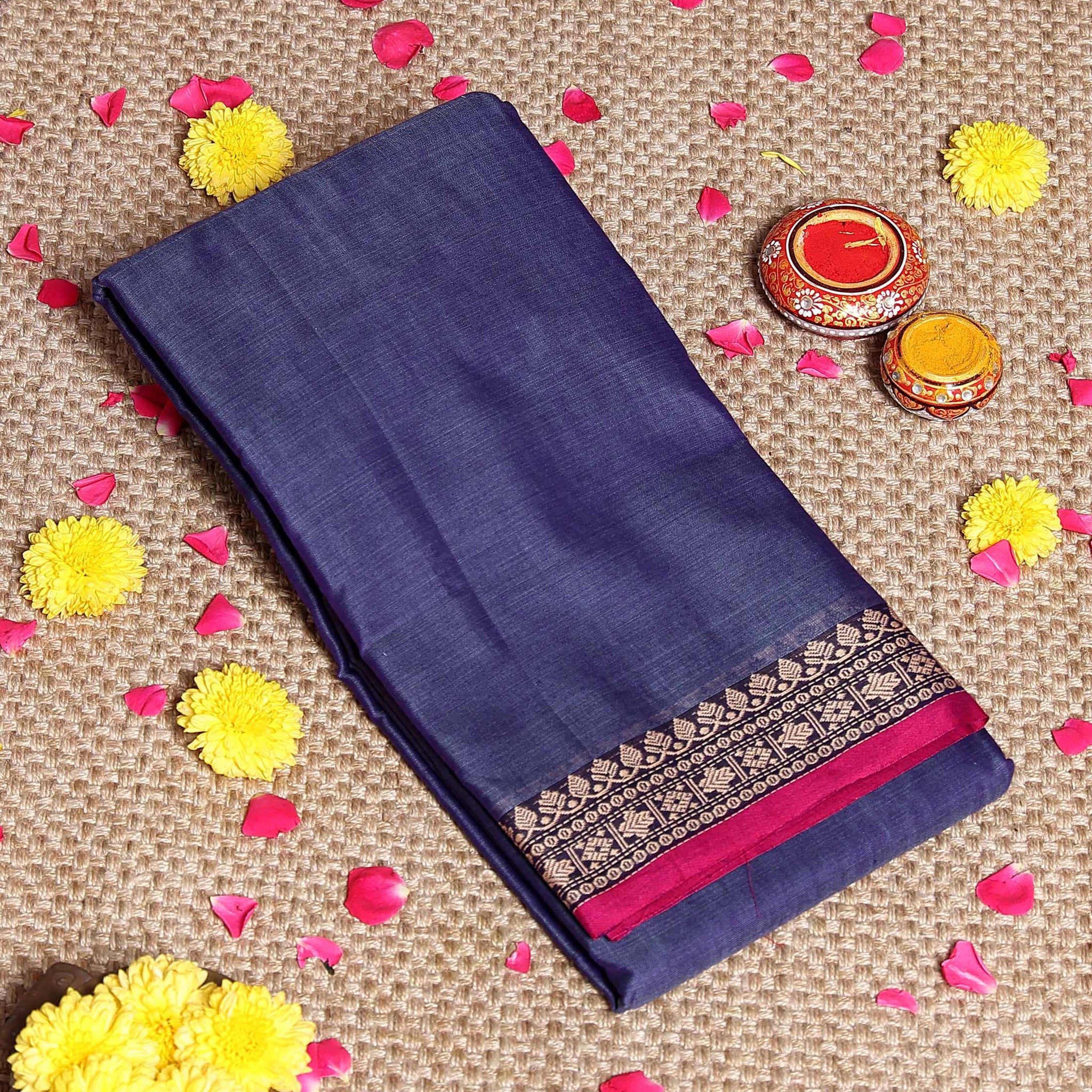 Traditional Narayanpet Cotton Saree with Traditional Zari Border & Temple Motif Detailing - Navy Blue