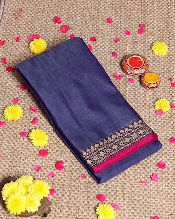 Traditional Narayanpet Cotton Saree with Traditional Zari Border & Temple Motif Detailing - Navy Blue