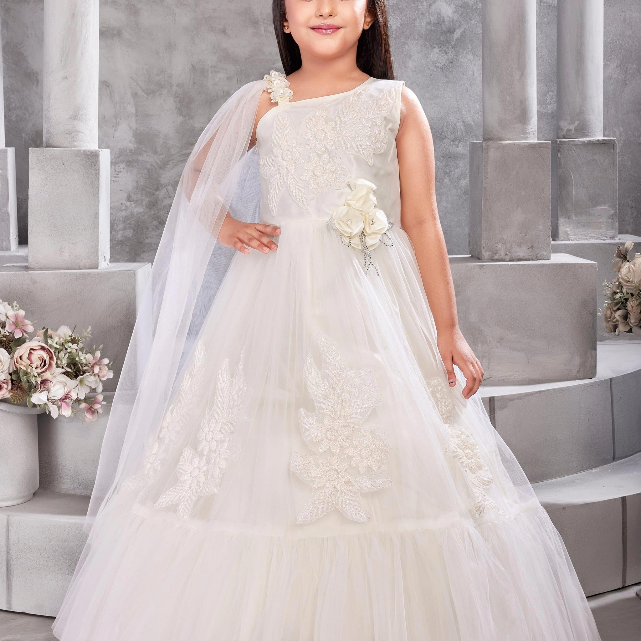 White Coloured Floral Embellishment Work Frock