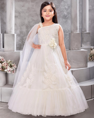 White Coloured Floral Embellishment Work Frock