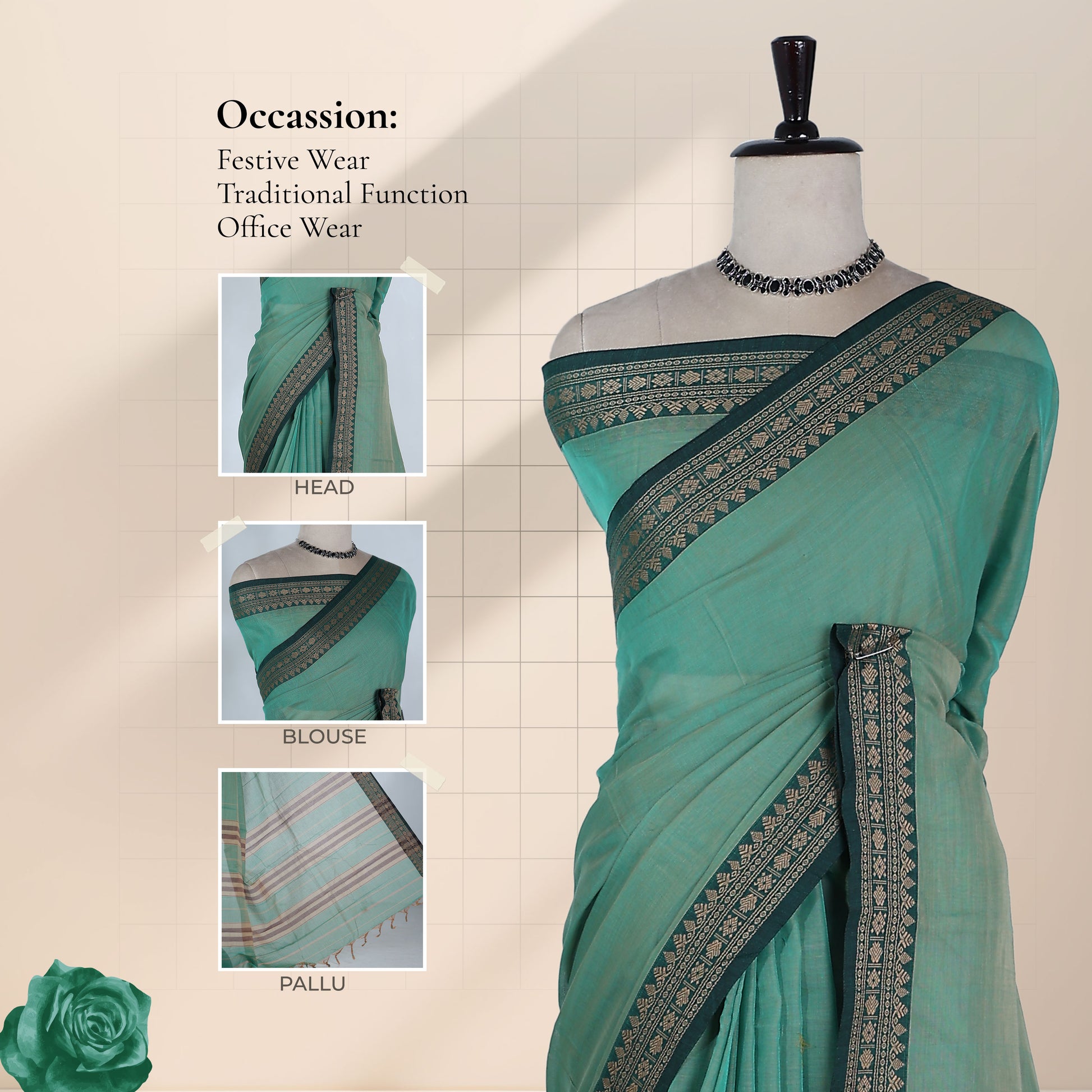 Aqua Green Mangalagiri Cotton Saree With Geometric Zari Border And Green Edging Front View