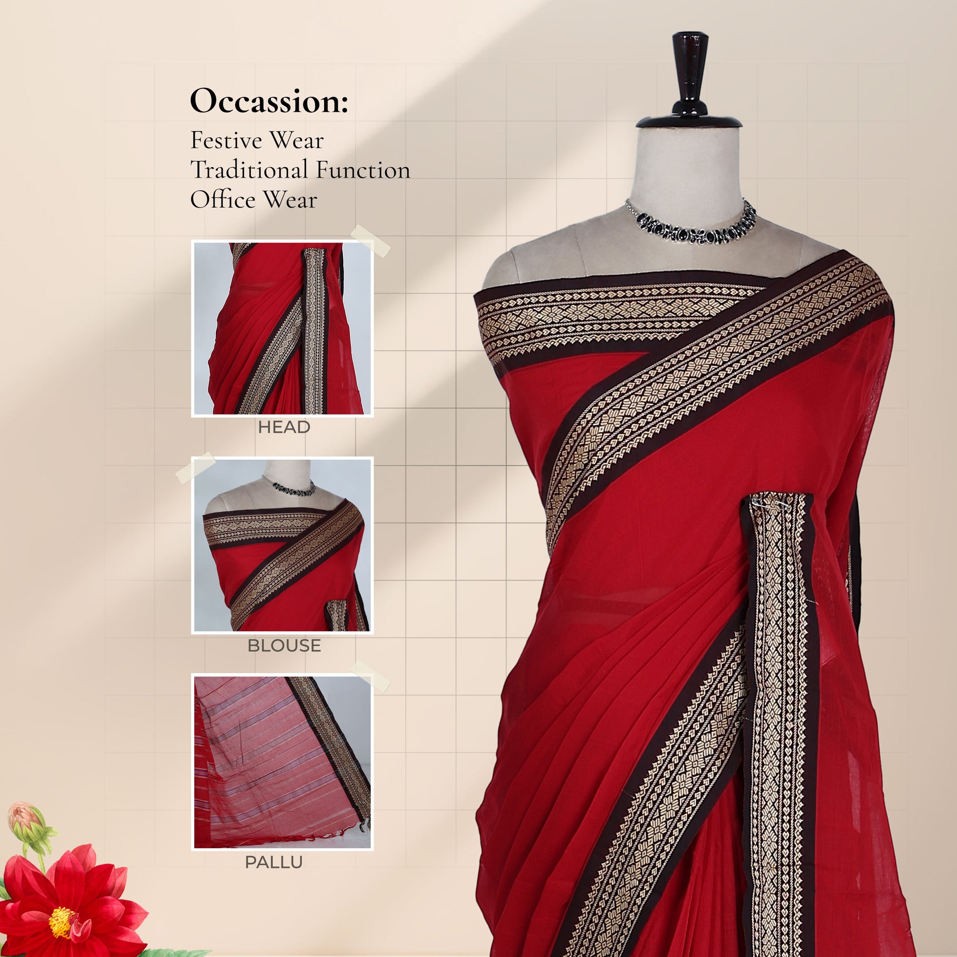 Mangalagiri Cotton Saree With Traditional Black Zari Border in Red Front Draped Mannequin Display View
