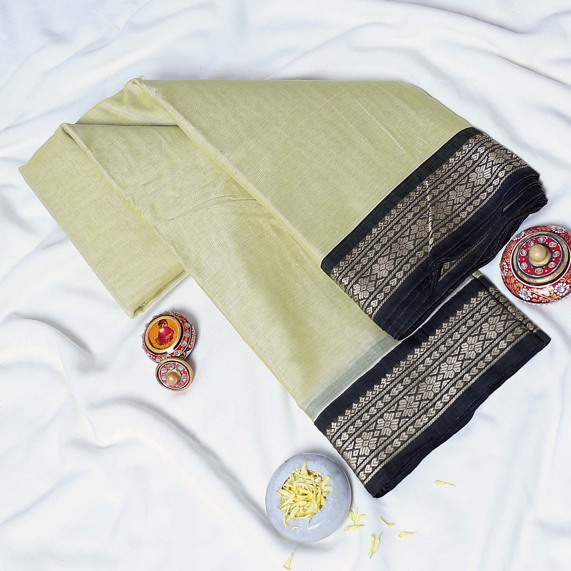 Light Green Mangalagiri Cotton Saree With A Dark Green Zari Woven Border