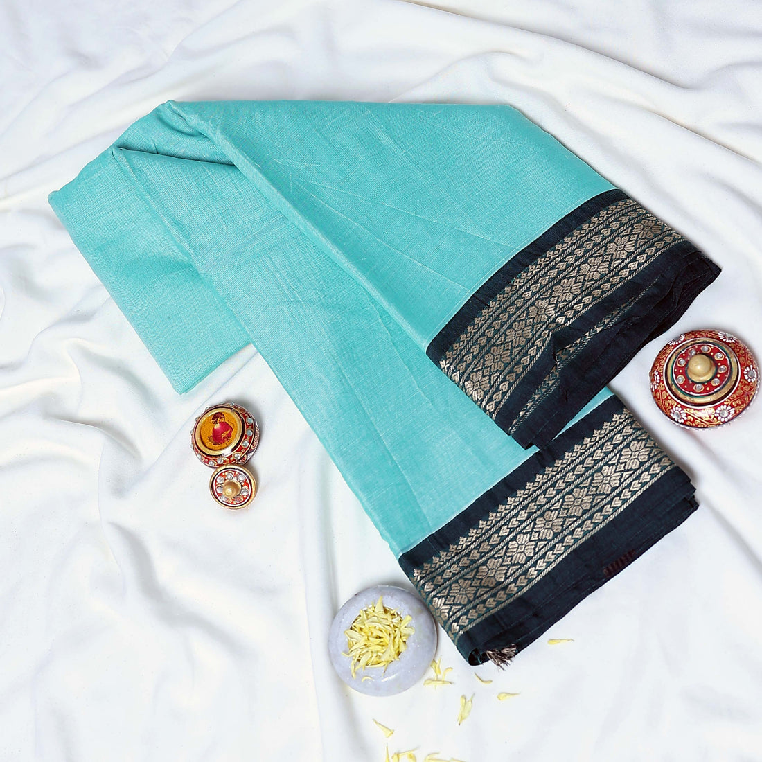 Aqua Blue Mangalagiri Cotton Saree for Women | Festive Summer Collection | Jeyachandran - Full View