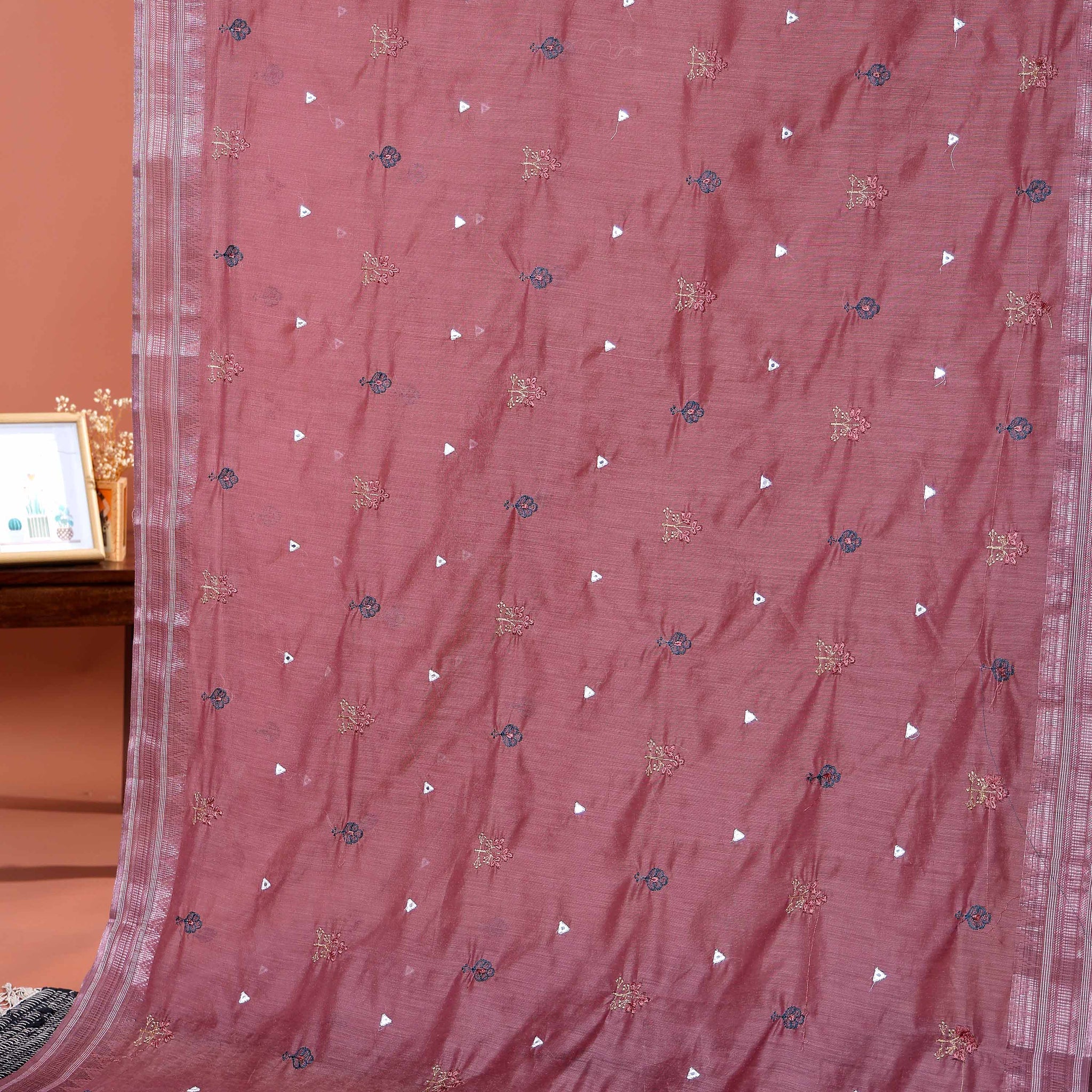 Elegant Linen Cotton Saree with Floral Embroidered and Tasselled Pallu - Purple