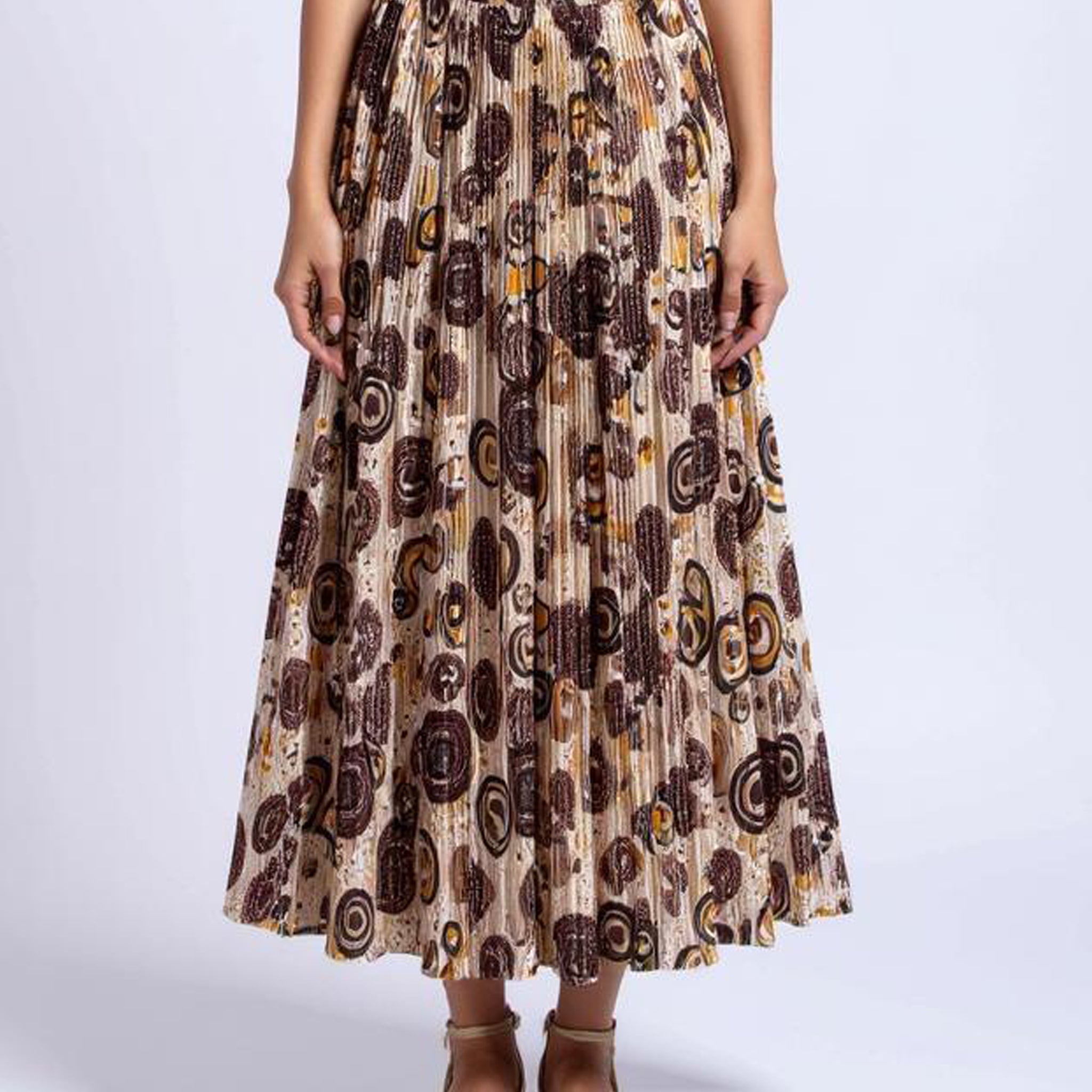 Women's Pleated Midi Skirt with Abstract Print - Brown