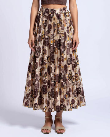 Women's Pleated Midi Skirt with Abstract Print - Brown