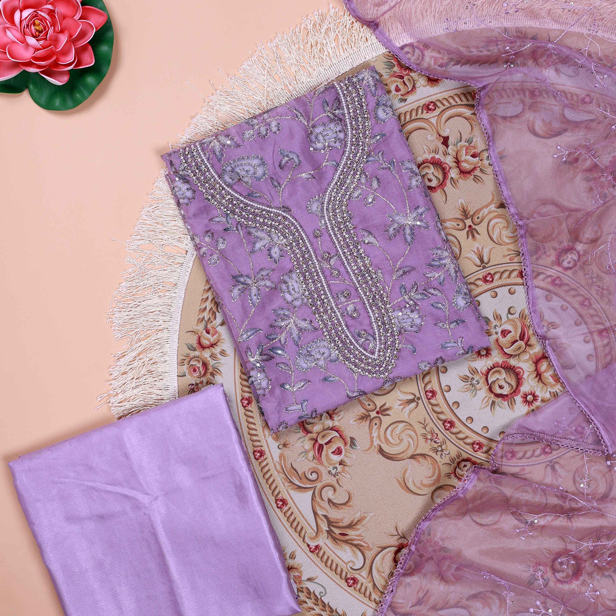Women's Floral Embroidered Salwar Suit Material with Beaded Neckline and Net Dupatta - Lavender