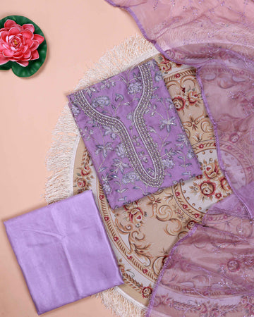 Women's Floral Embroidered Salwar Suit Material with Beaded Neckline and Net Dupatta - Lavender