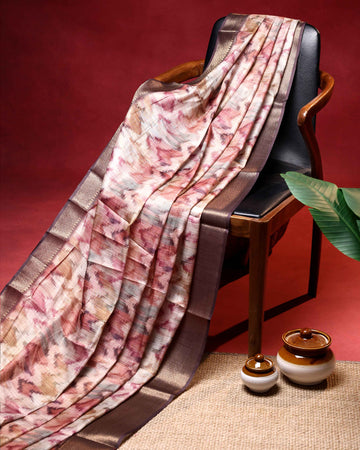 Elegant Linen Tissue Saree With Floral Print and Contrast Zari Border - Multi