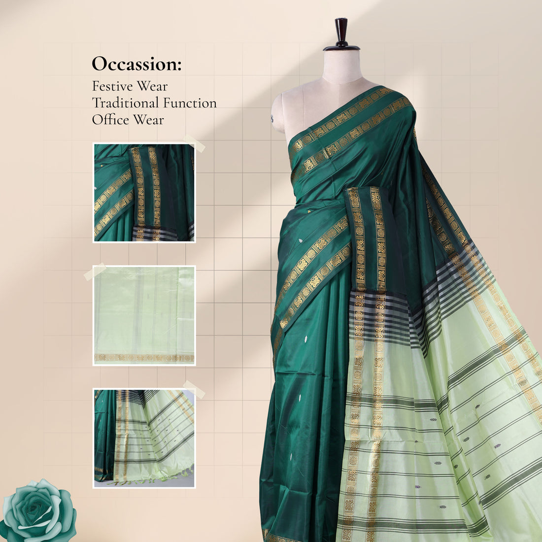 Green Banana Pith Semi Silk Saree for Women | Wedding & Festive occasion | Jeyachandran - Full View