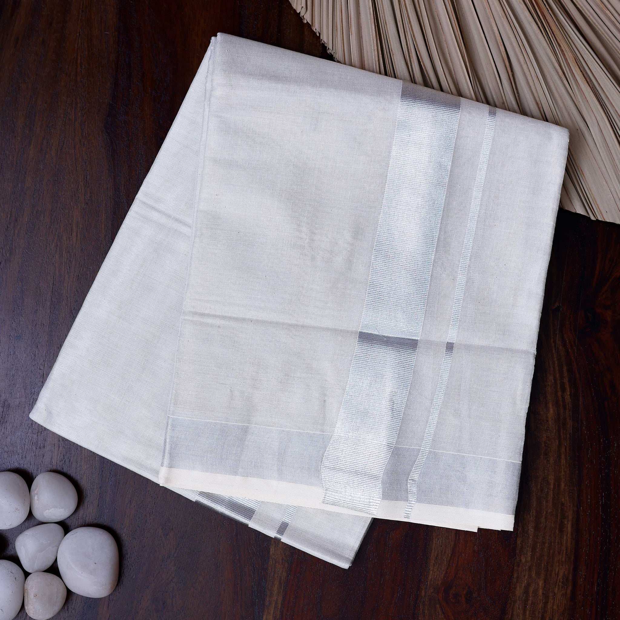 Men's Traditional Handwoven Cotton Dhoti with Silver Border and Elegant Finish - White