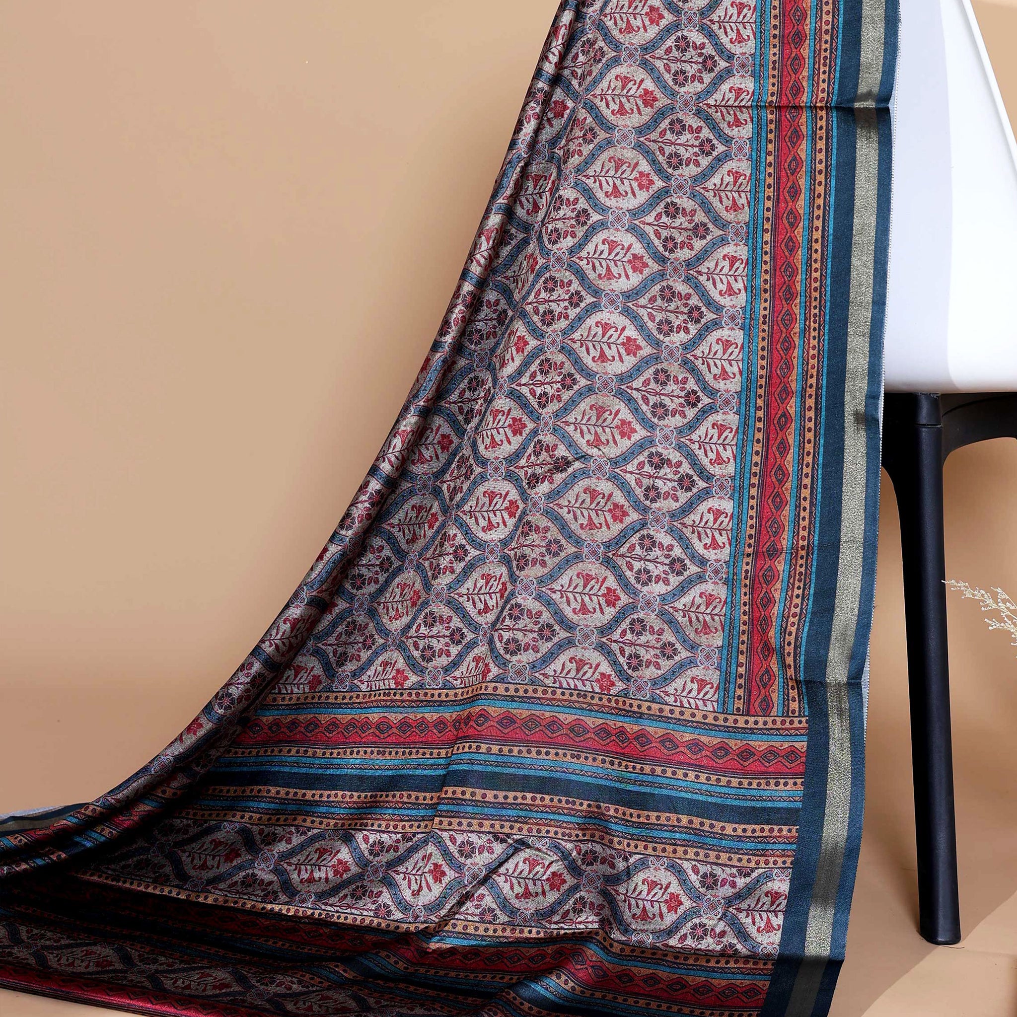 Ethnic Blue Semi Chanderi saree with Multi-color Paisley and Floral Design