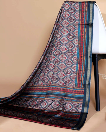 Ethnic Blue Semi Chanderi saree with Multi-color Paisley and Floral Design