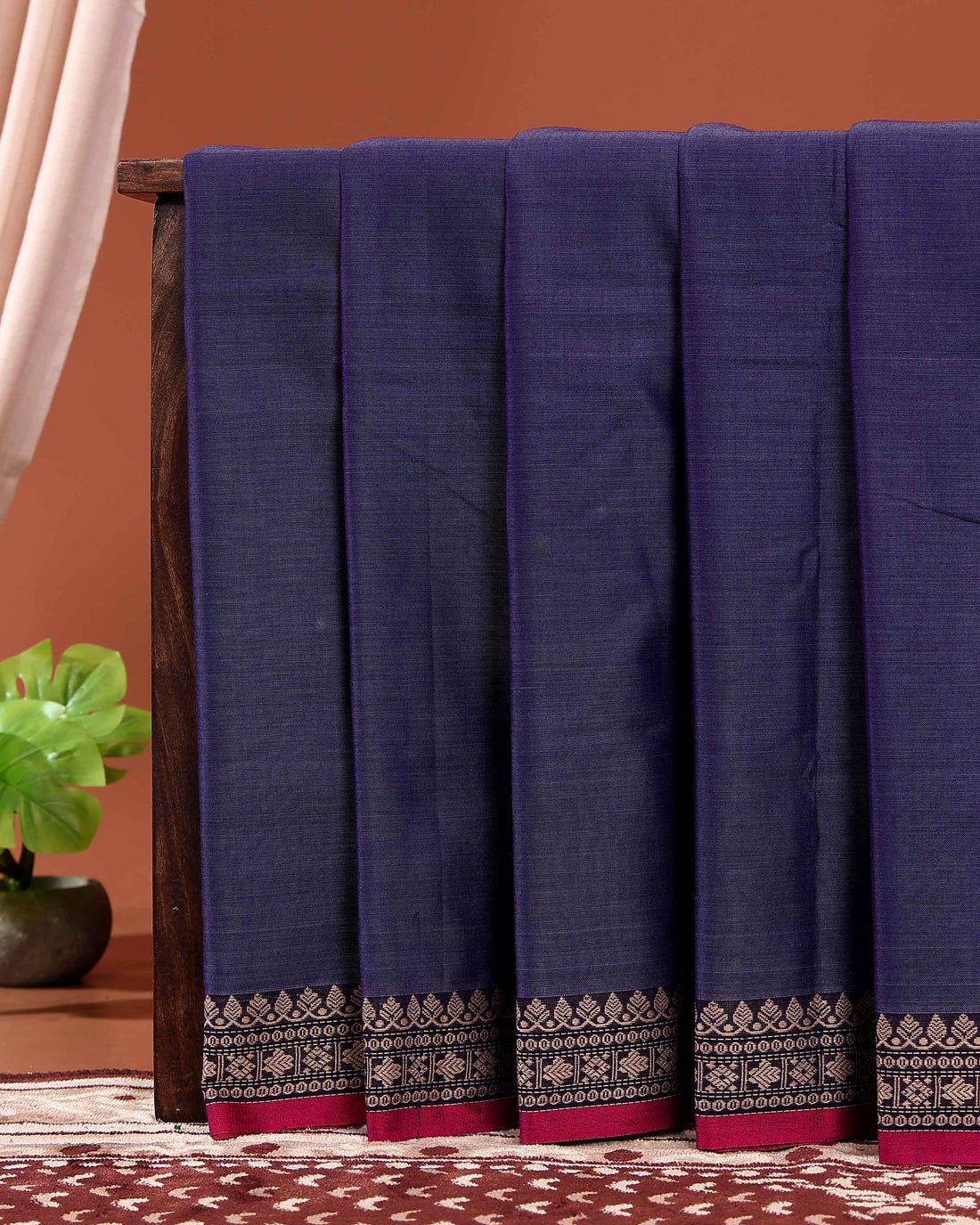 Traditional Narayanpet Cotton Saree with Traditional Zari Border & Temple Motif Detailing - Navy Blue