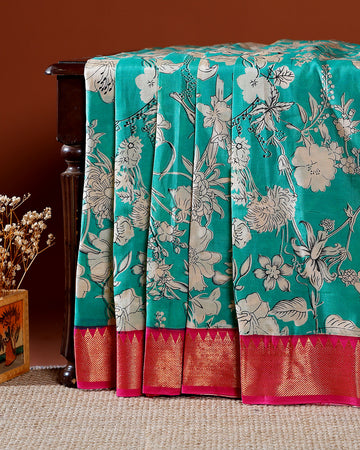 Traditional Mangalagiri Kalamkari Cotton Saree with Intricate Floral and Avian Motifs - Teal Green