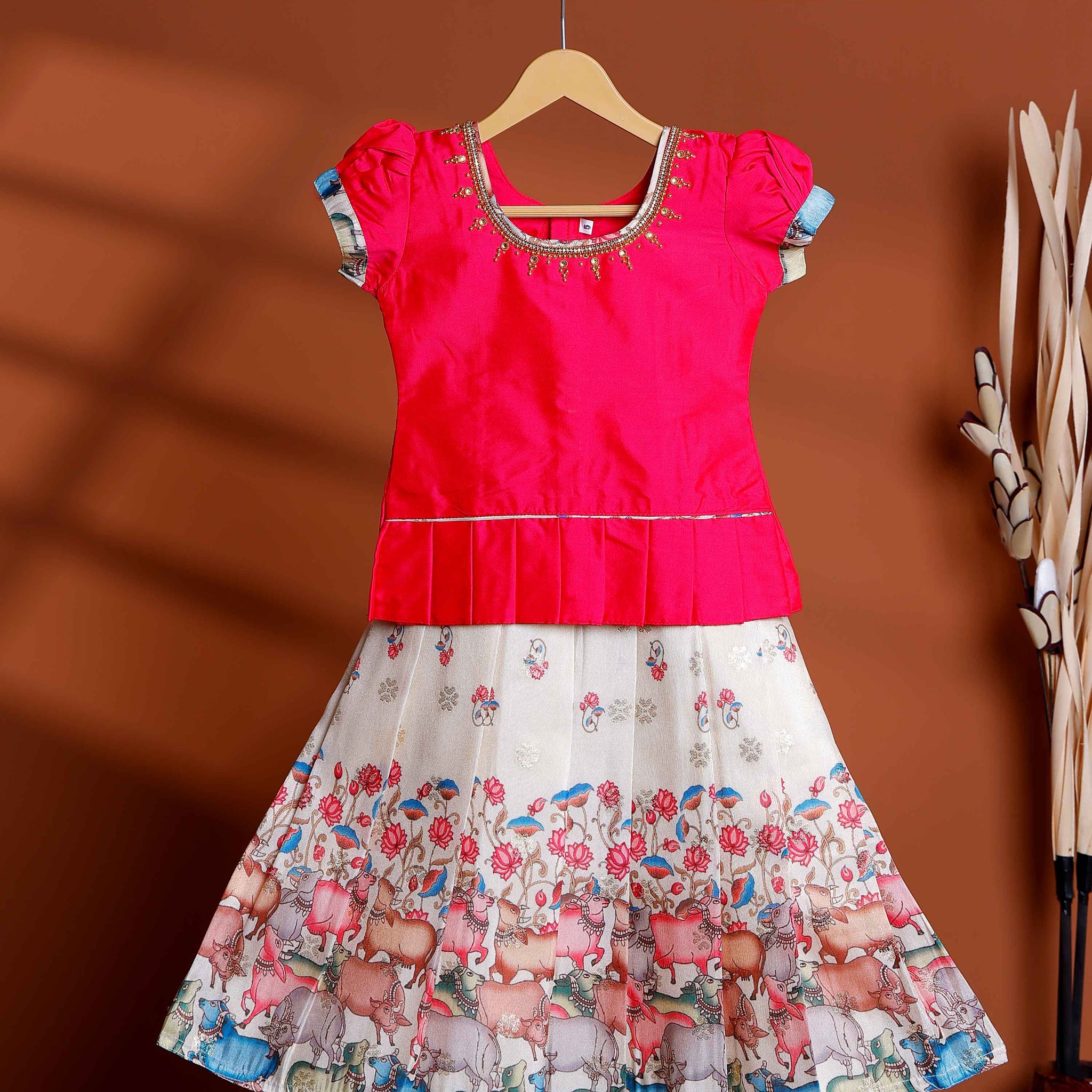 Kids Readymade Pattu Pavadai Set with Embellished Neck Puff Sleeve Blouse and Printed Silk Skirt - Pink