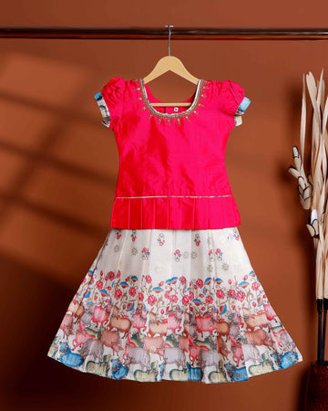 Kids Readymade Pattu Pavadai Set with Embellished Neck Puff Sleeve Blouse and Printed Silk Skirt - Pink