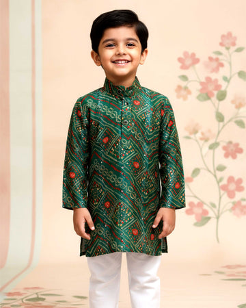 Boys green kurta adorned with traditional Bandhani-inspired patterns in red and gold.