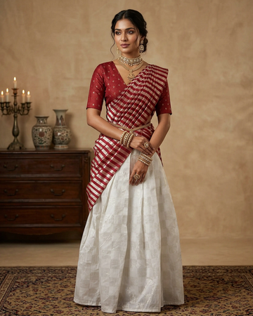 Cotton Semi Stitched Dhavani Set For Women | Festive Wear & Traditional Collection | Jeyachandran - Maroon & White