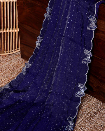 Classic Embellished Fancy Saree with Delicate Butterfly Patterned Lace Border - Navy