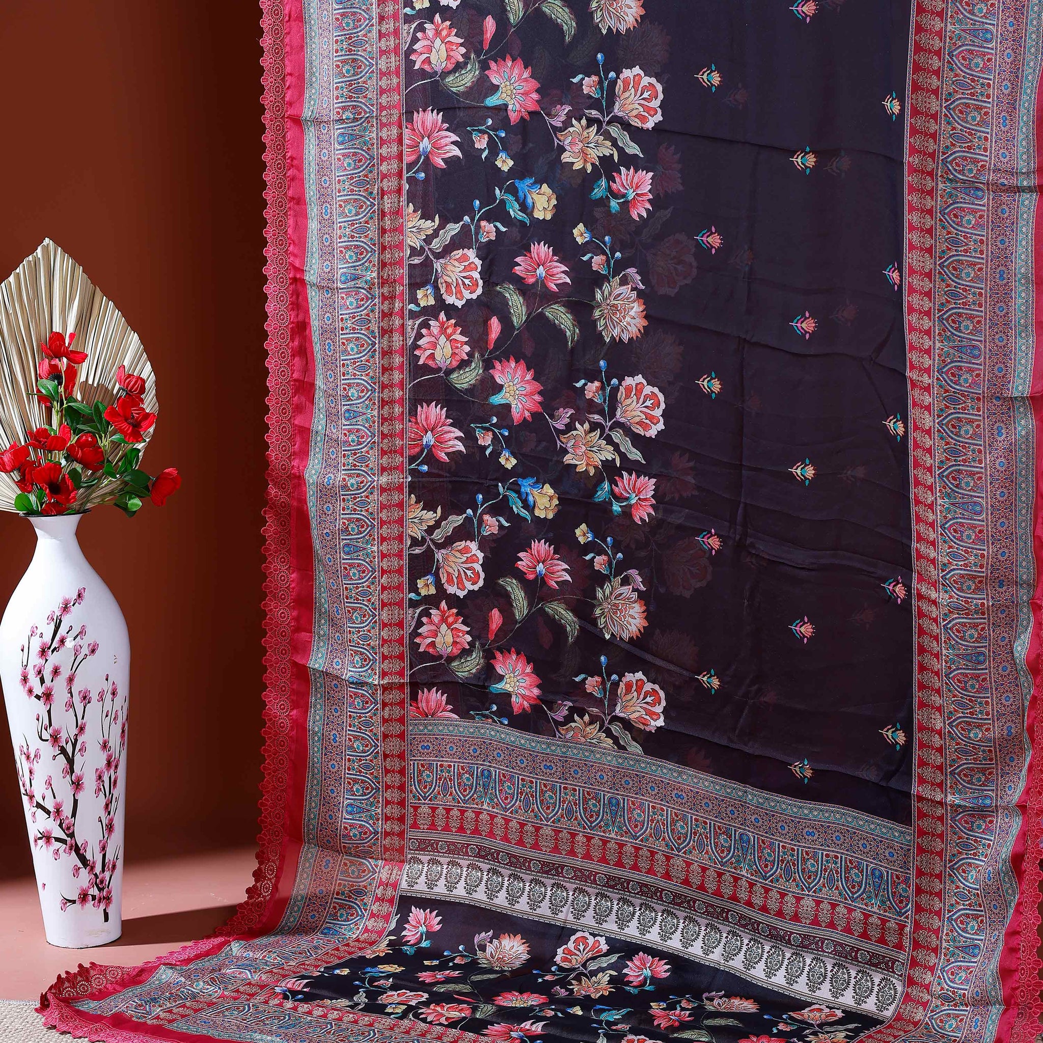 Elegant Georgette Saree with Intricate Floral Embroidery and Traditional Patterned Border - Black