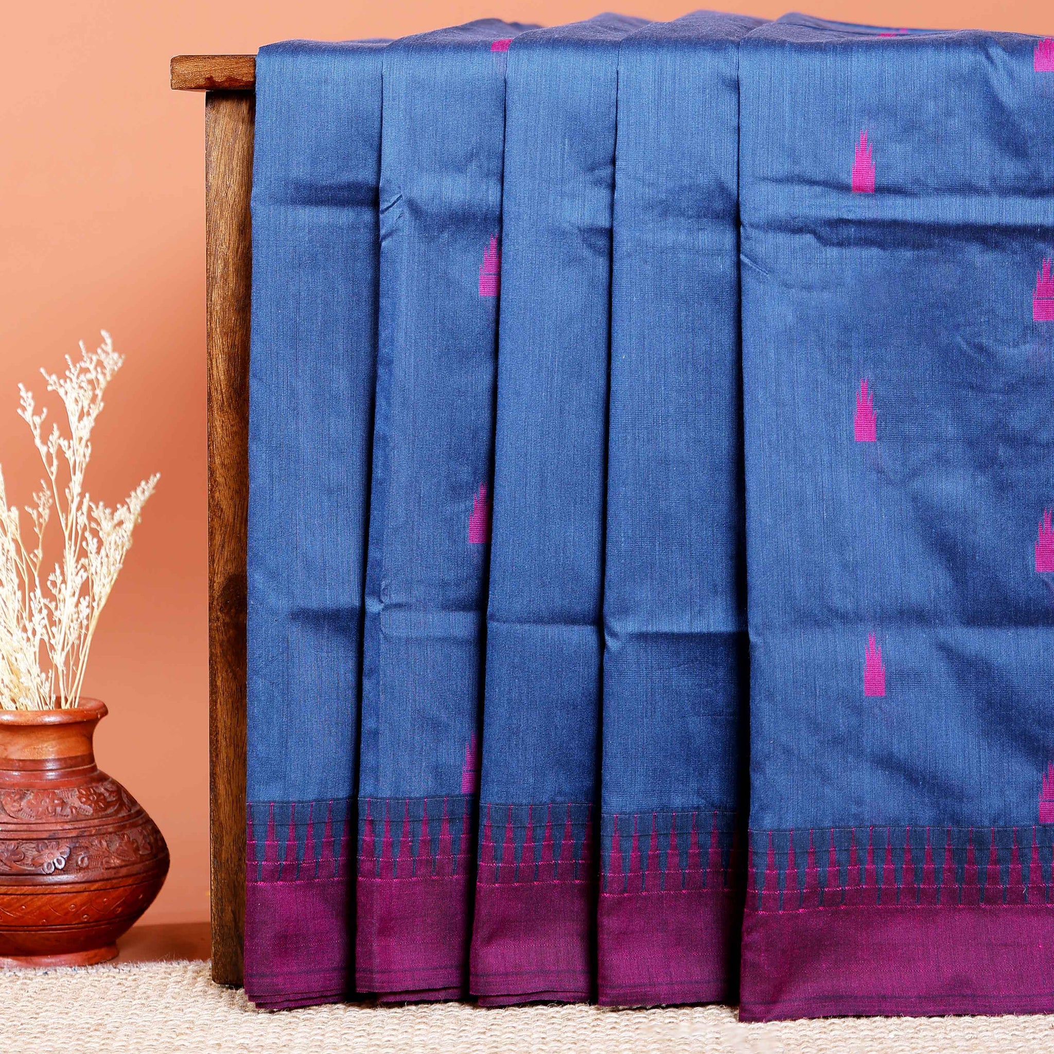 Handloom Kalyani Cotton Saree with Temple Border & Buti Motifs - Blue