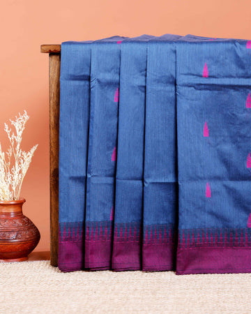 Handloom Kalyani Cotton Saree with Temple Border & Buti Motifs - Blue
