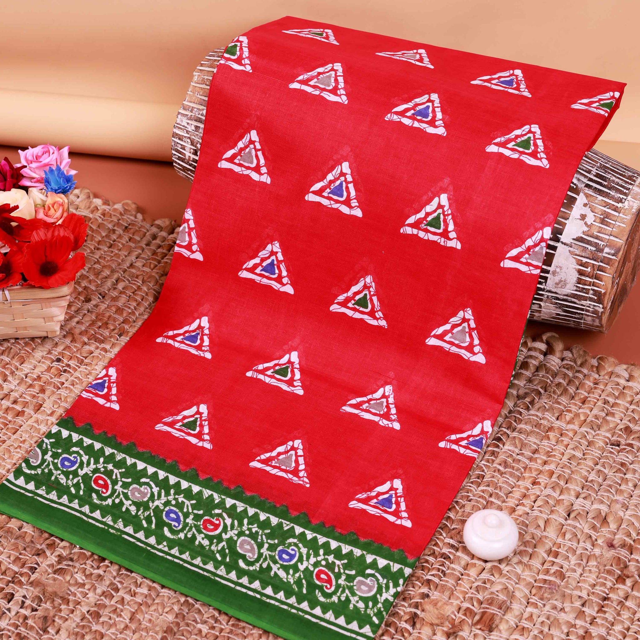 All-Over Floral Printed Voile Saree with Intricate Contrast Border – Red