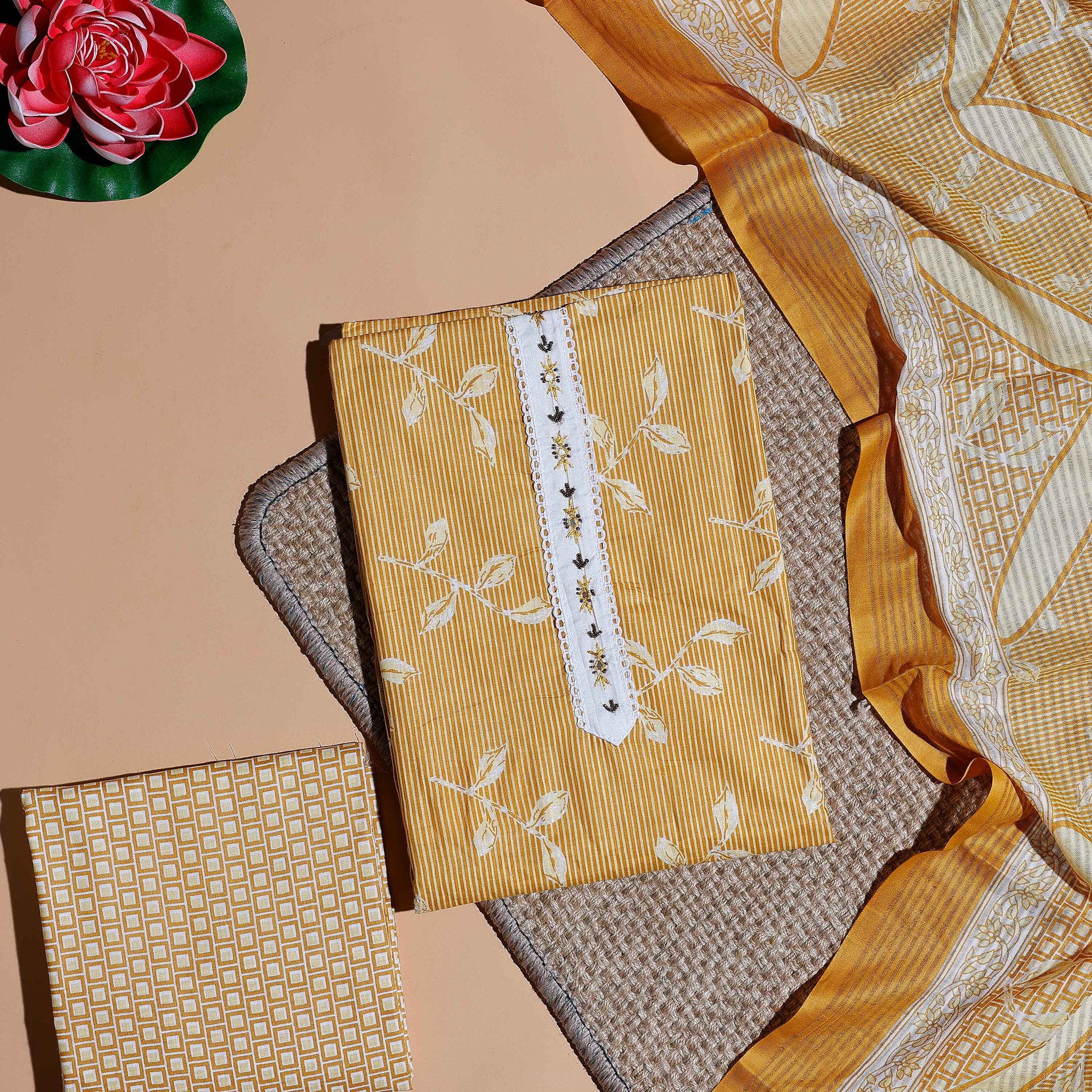 Women's Salwar Material with Floral and Geometric Prints and Embroidered Neckline - Yellow