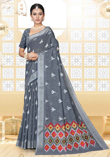 Ash Grey Color Ikkat Saree - IK14
