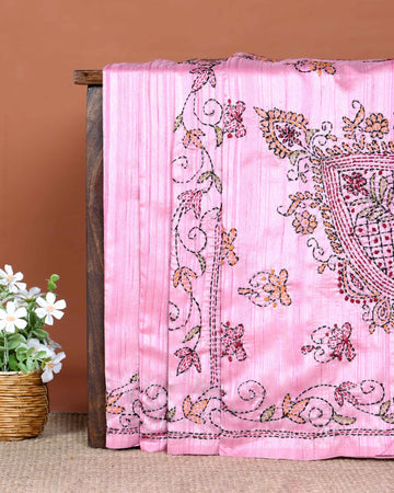 Elegant Hand Embroidered Kantha Work Tussar Saree with Intricate Floral and Paisley Motifs- Pink