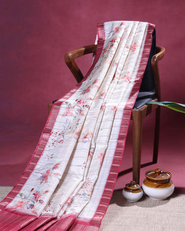 Elegant Floral Print Semi Tussar Silk Saree with Checked Pattern and Contrast Border - Off White