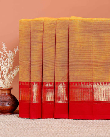Traditional Chettinad Cotton Saree with Temple Border - Yellow