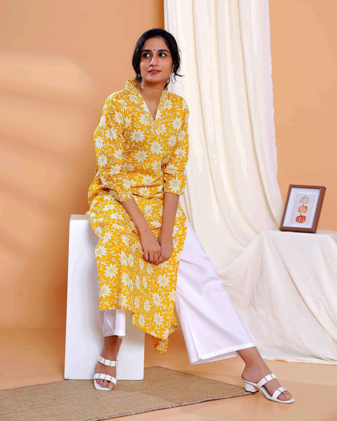 Floral Printed Straight Kurta with V-Neck and 3/4th Sleeves - Mustard Yellow