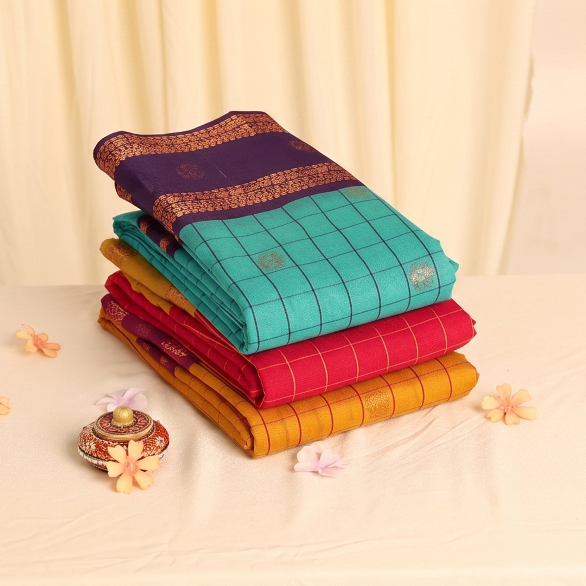 Elampillai silk cotton saree collection with checked patterns and zari borders in assorted colors, folded stack close up view