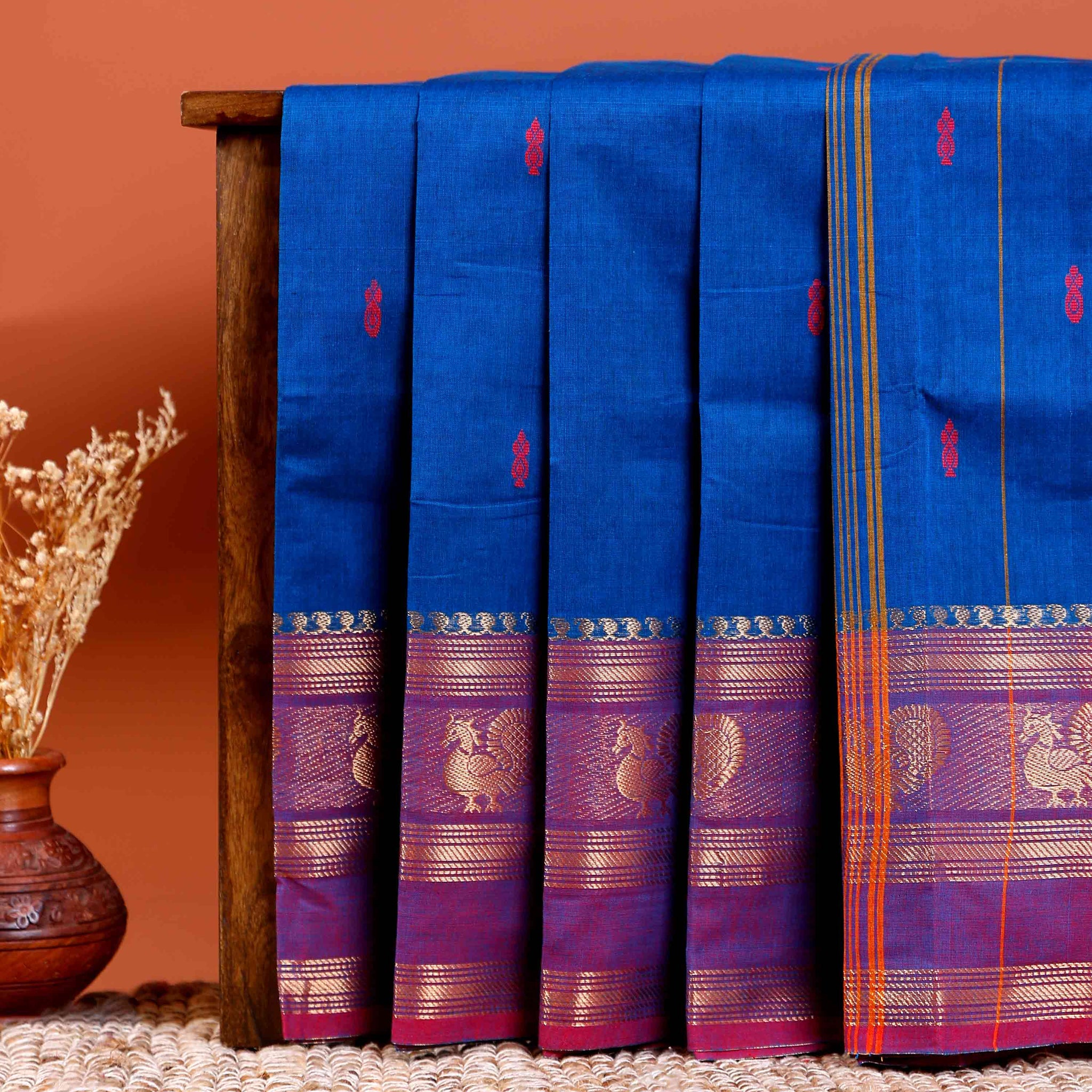Handloom Chettinad Cotton Saree with Butta Weaves, Zari Peacock Motif Border and Contrast Pallu - Blue
