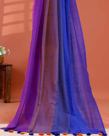 Handwoven Mul Mul Cotton Saree with Bold Striped Pattern and Tassel Detailing - Multi