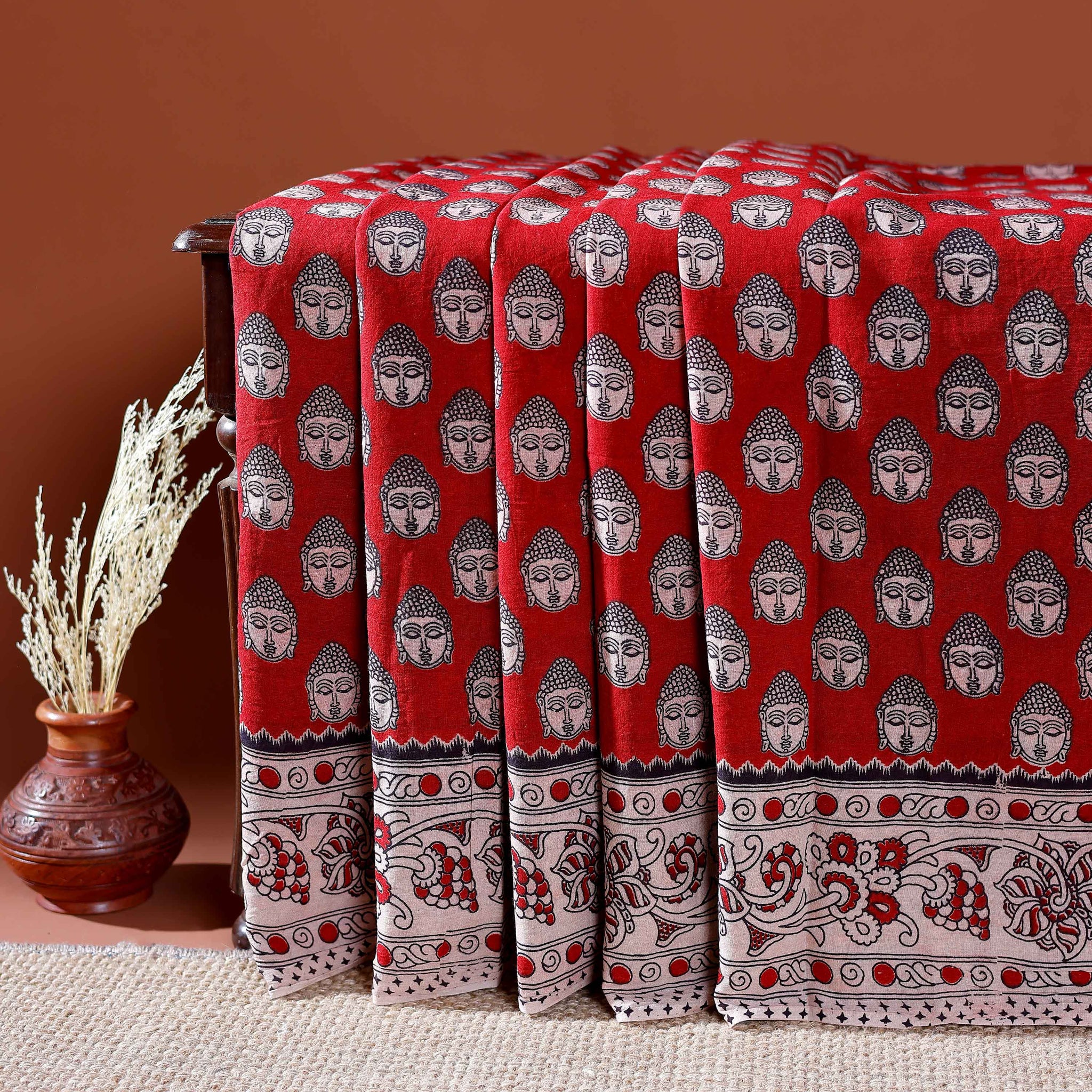 Traditional Handloom Kalamkari Cotton Saree with Intricate Floral and Avian Motifs - Red