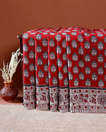 Traditional Handloom Kalamkari Cotton Saree with Intricate Floral and Avian Motifs - Red