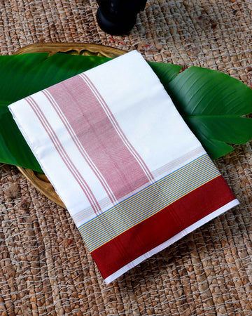 Men’s Cotton Dhoti with Multi Colour Border - White